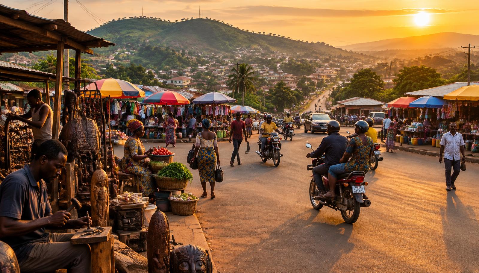 Evening market scene at a hillside junction in Enugu